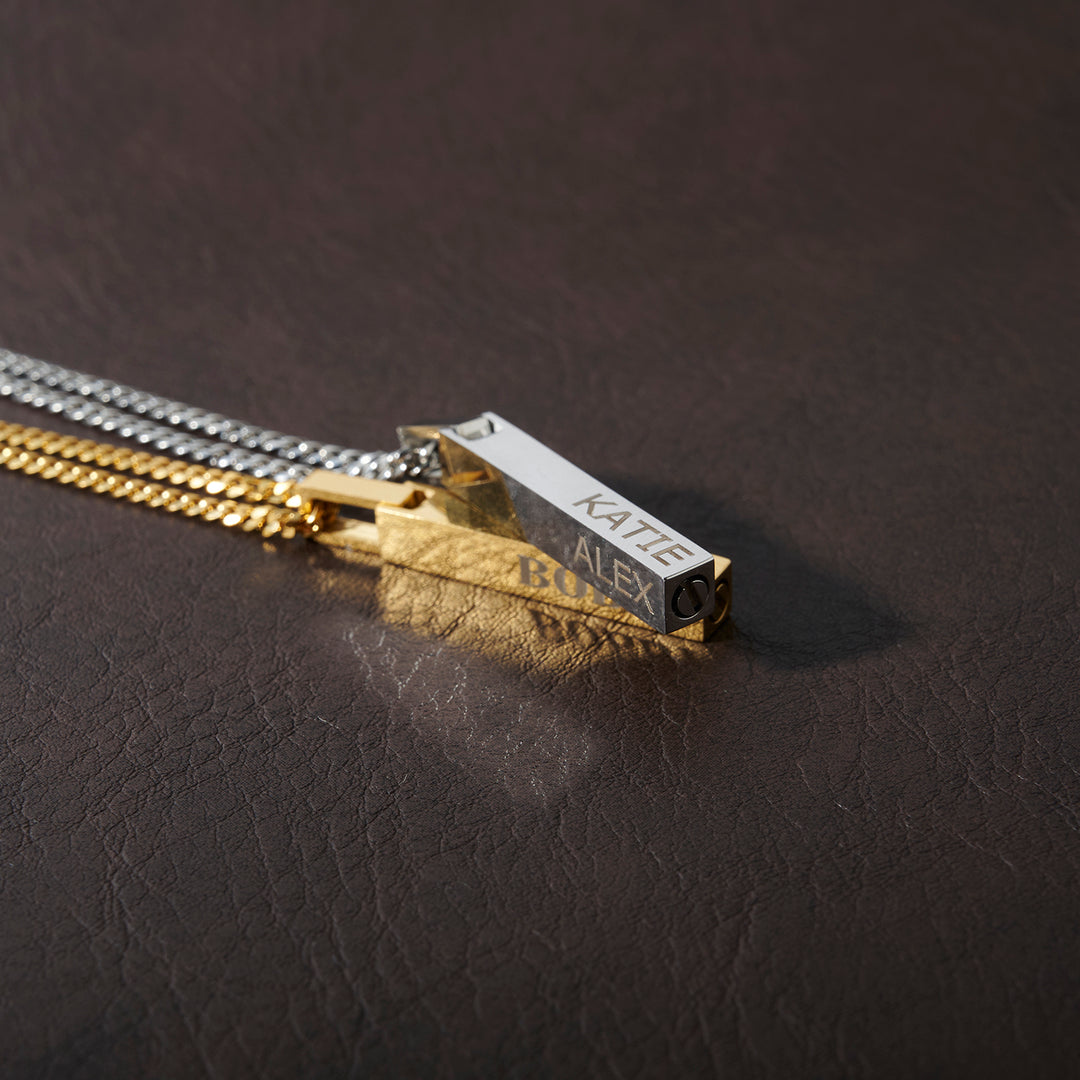 Gold 4-Sided Engraved Bar Necklace Pendant