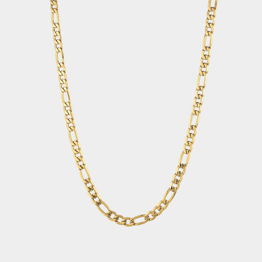 Gold chain necklace on a light gray background