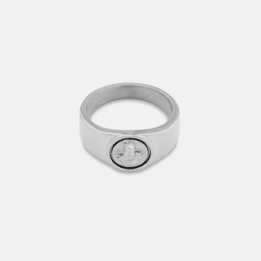 Silver Zeus God Signet Ring on a white background