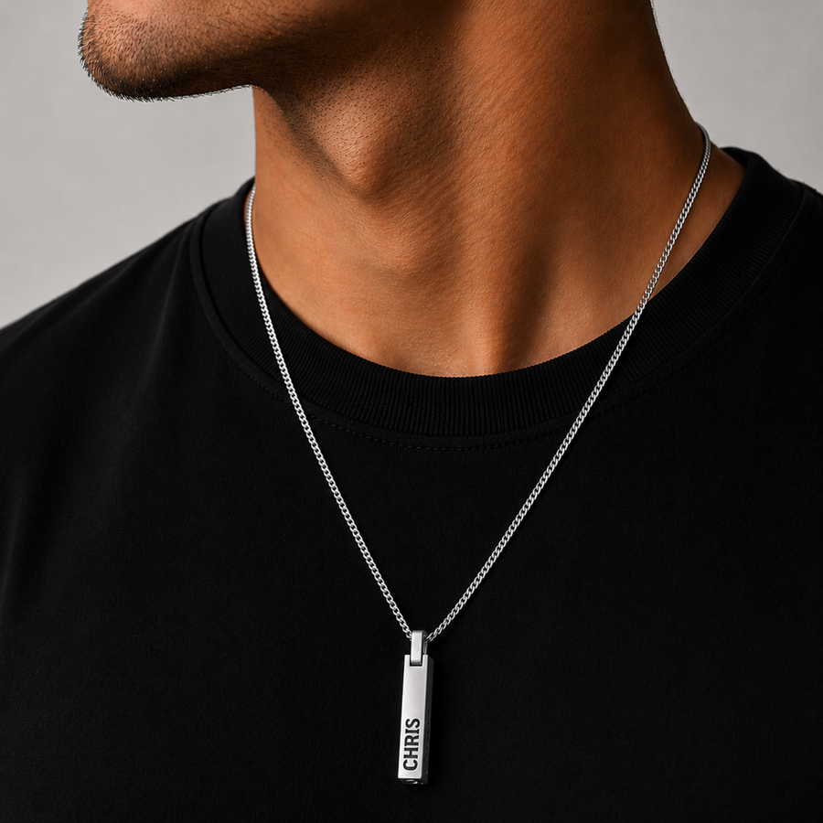 Silver 4-Sided Engraved Bar Necklace Pendant