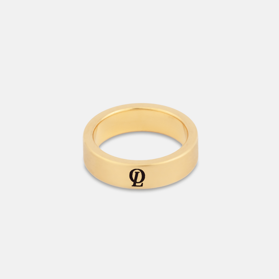 Gold Outrage Signature Band Ring 5MM on a white background