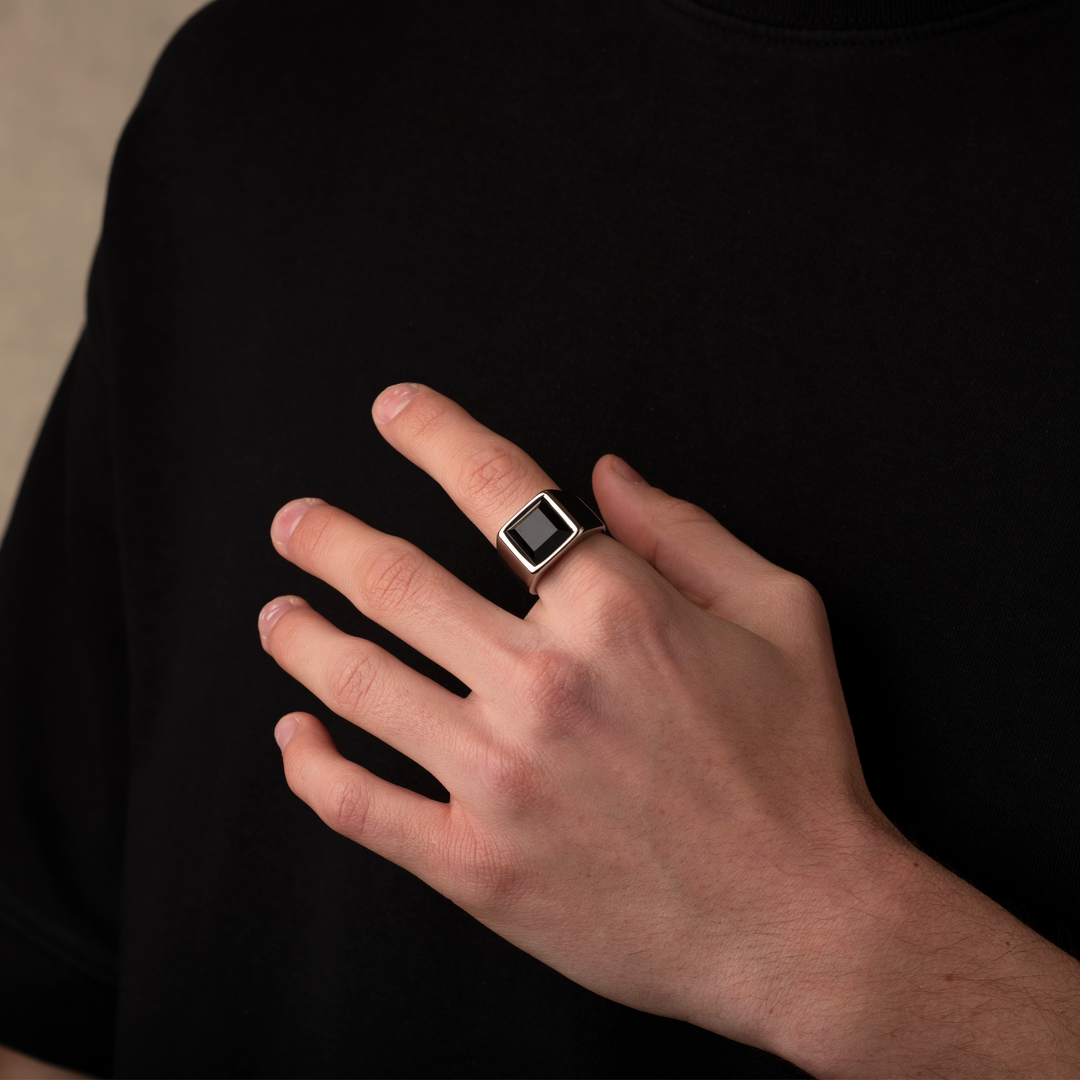 Silver Black Stone Signet Ring