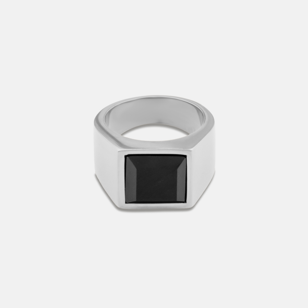 Silver Black Stone Signet Ring on a white background