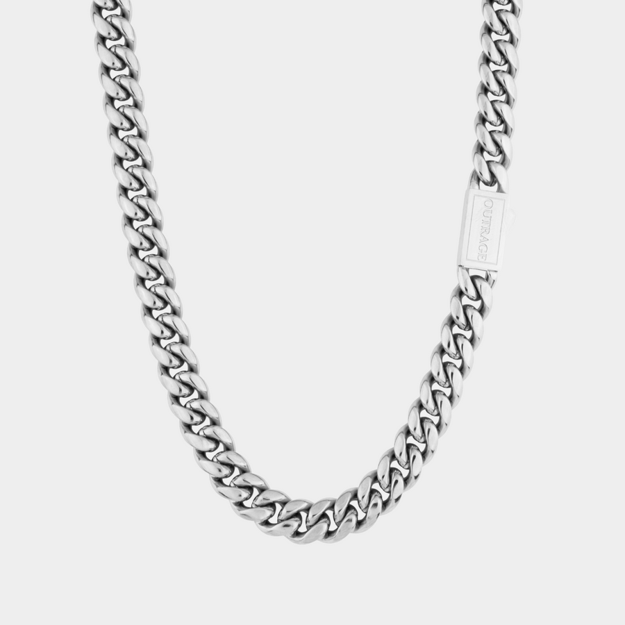 Silver chain necklace on a white background