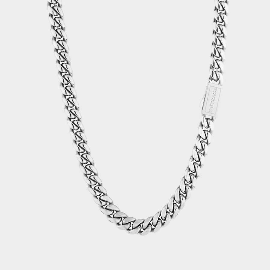 Silver chain necklace on a white background