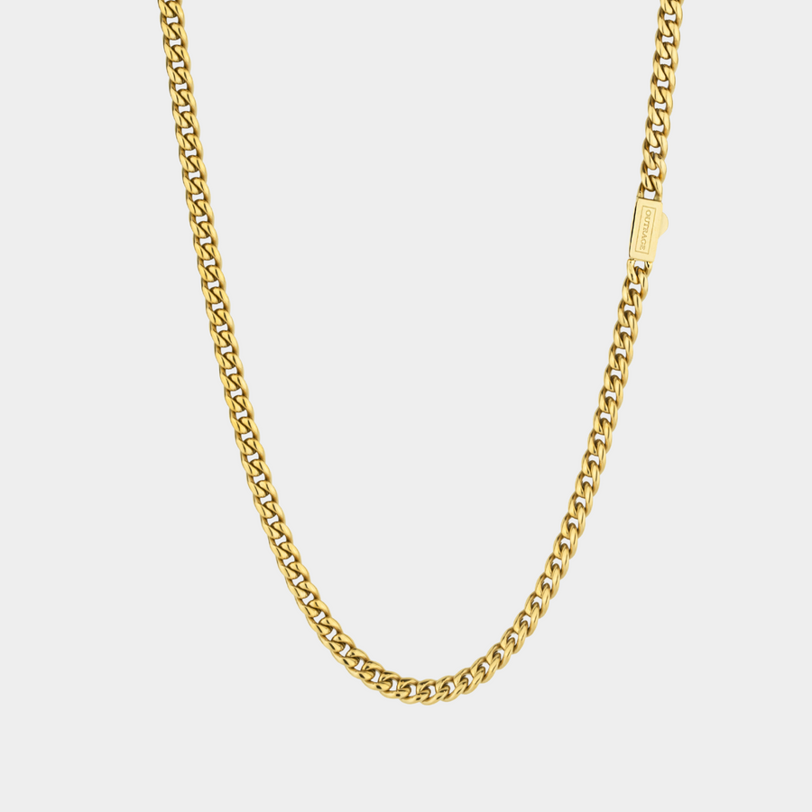 Gold chain necklace on a light gray background