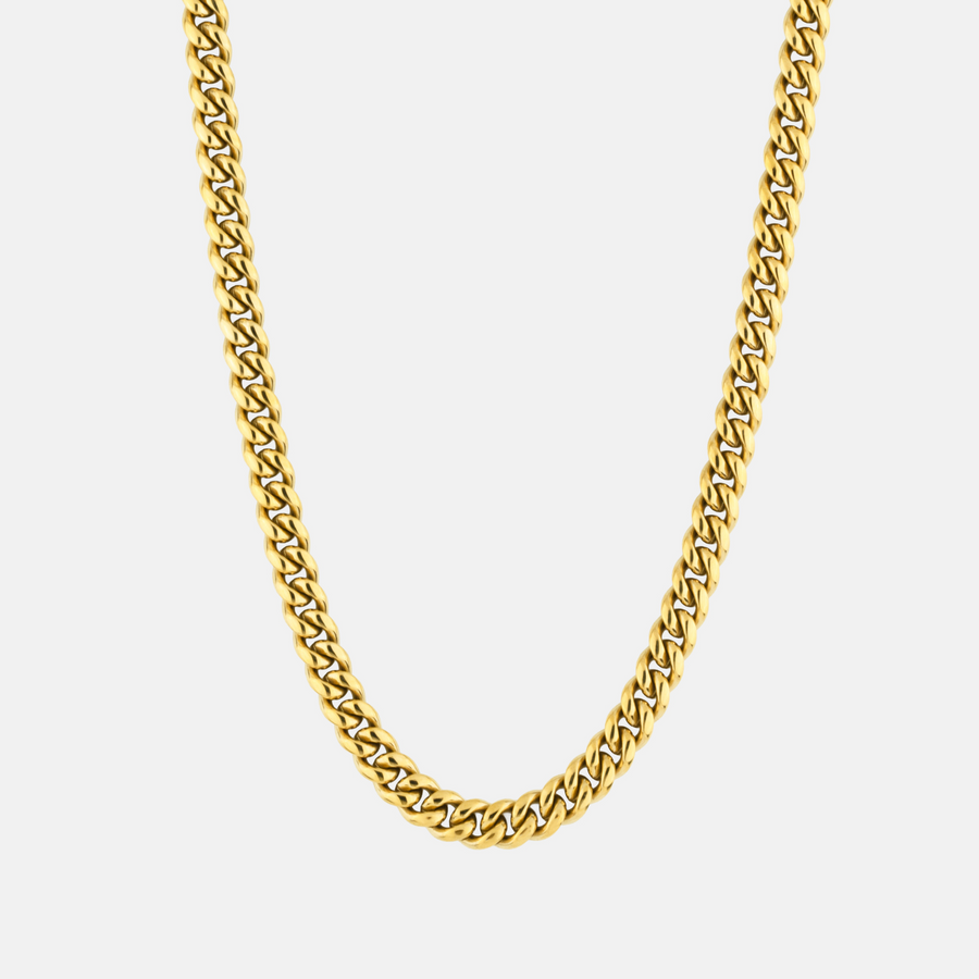 Gold chain necklace on a white background