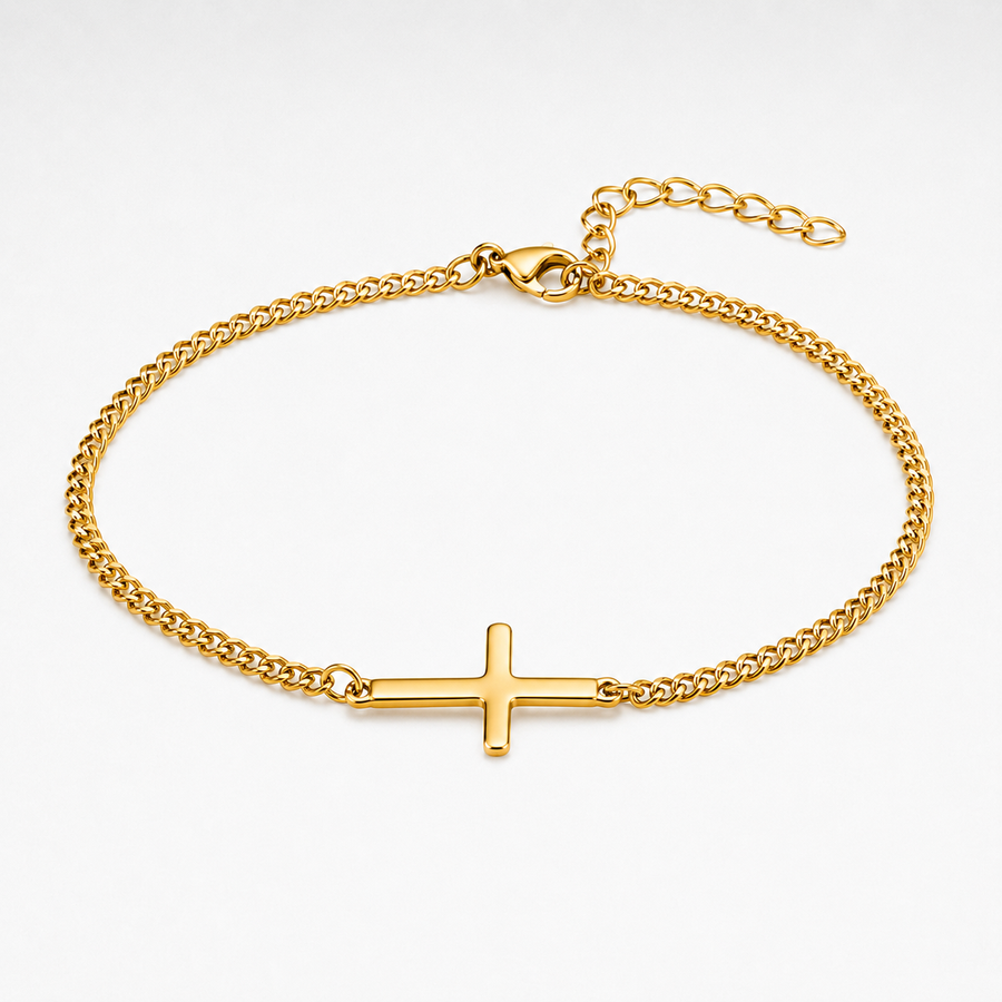 Gold Cross Bracelet on a white background.