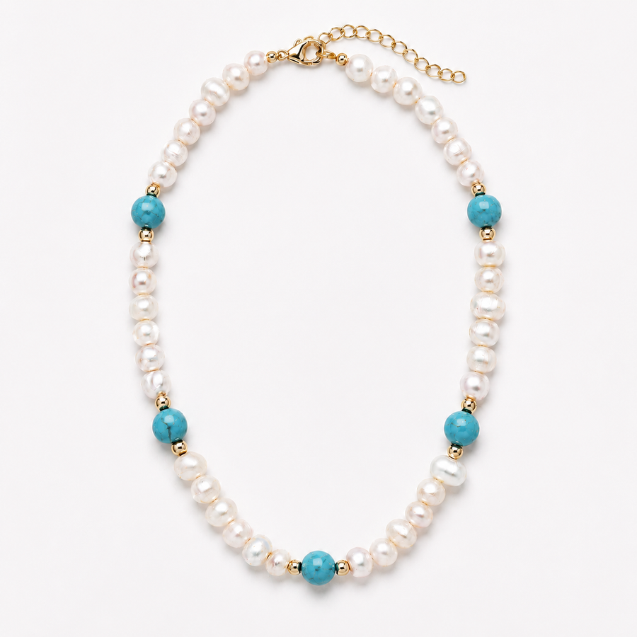 A pearl beaded necklace with turquoise blue beads and gold spacer accents, displayed on a clean white background.