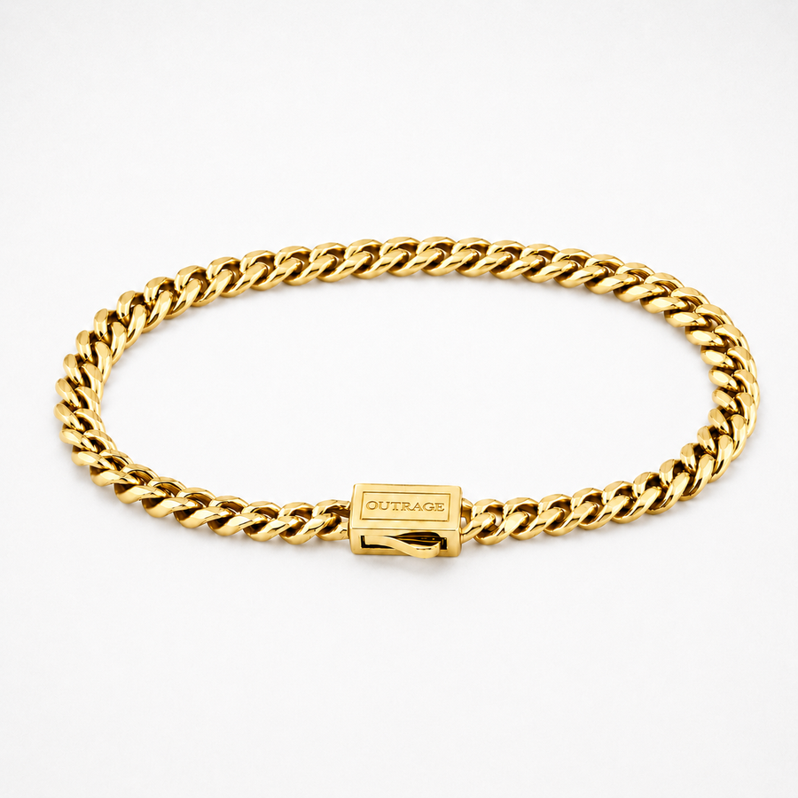 A gold Cuban link chain bracelet with a rectangular clasp engraved with the brand name 'OUTRAGE', displayed on a clean white background.