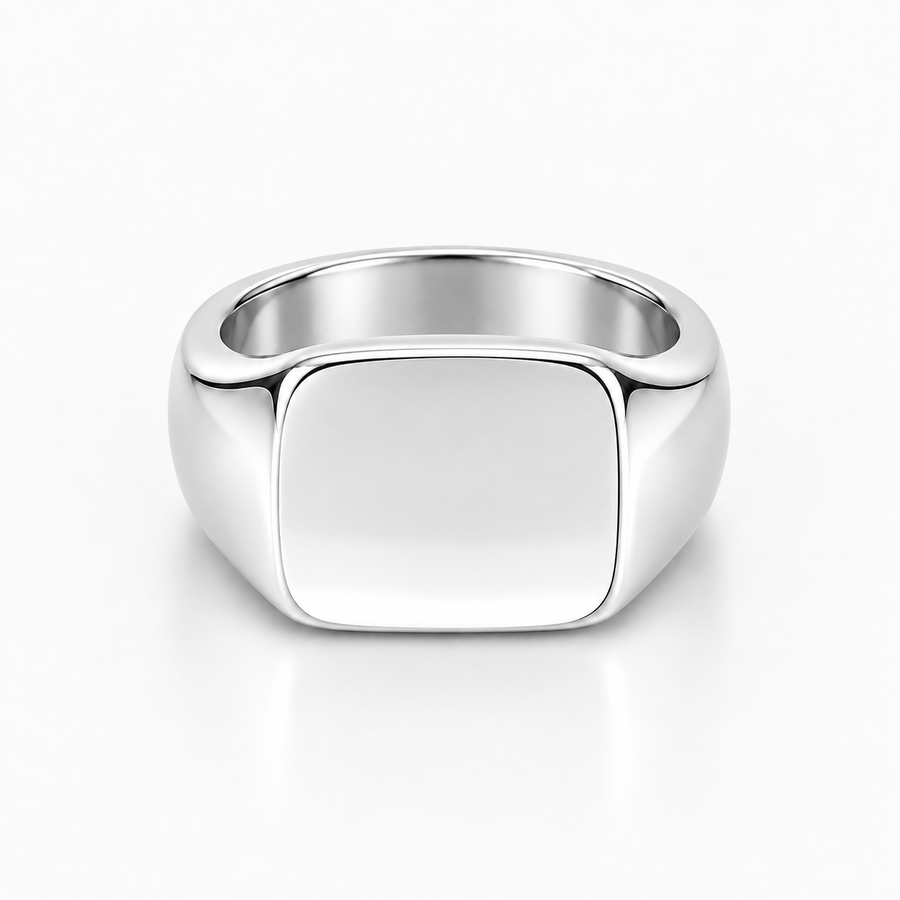 A polished silver signet ring with a square-shaped face, shown on a clean white background.