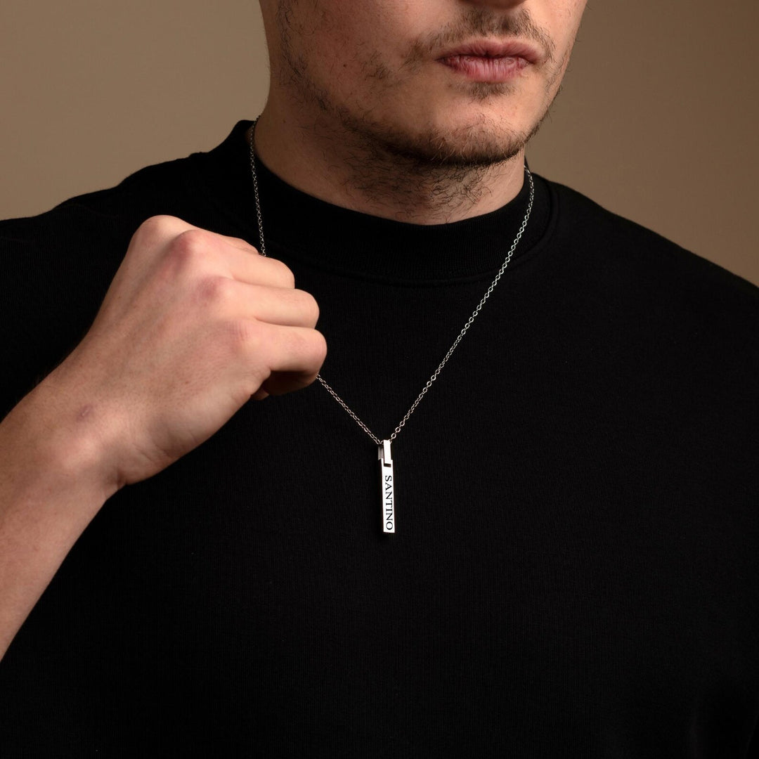 Silver 4-Sided Engraved Bar Necklace Pendant