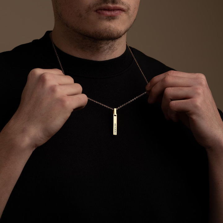 Gold 4-Sided Engraved Bar Necklace Pendant