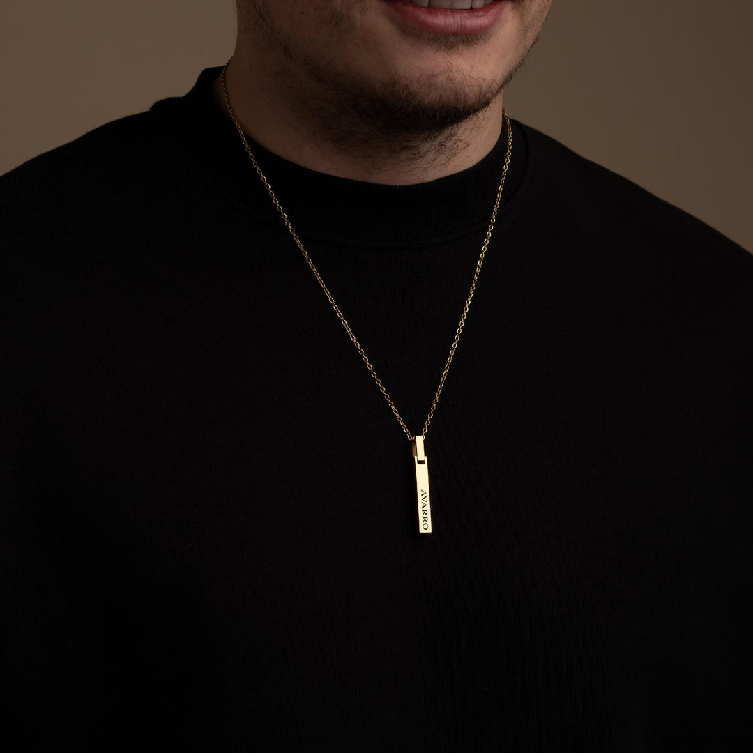 Gold 4-Sided Engraved Bar Necklace Pendant