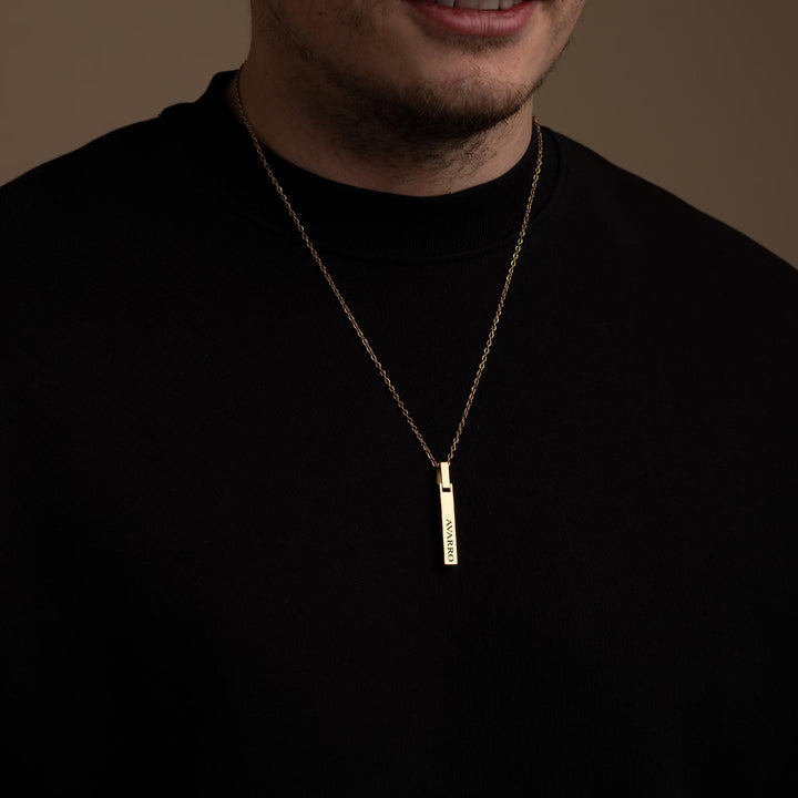 Gold 4-Sided Engraved Bar Necklace Pendant