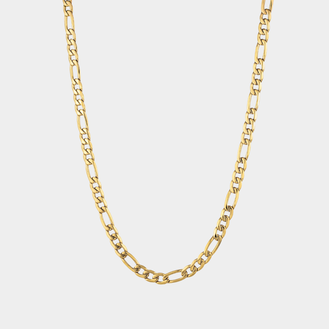 Gold chain necklace on a light gray background