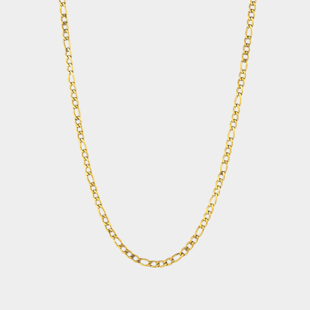 Gold chain necklace on a light gray background