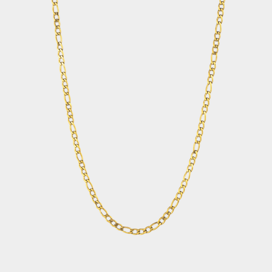 Gold chain necklace on a light gray background