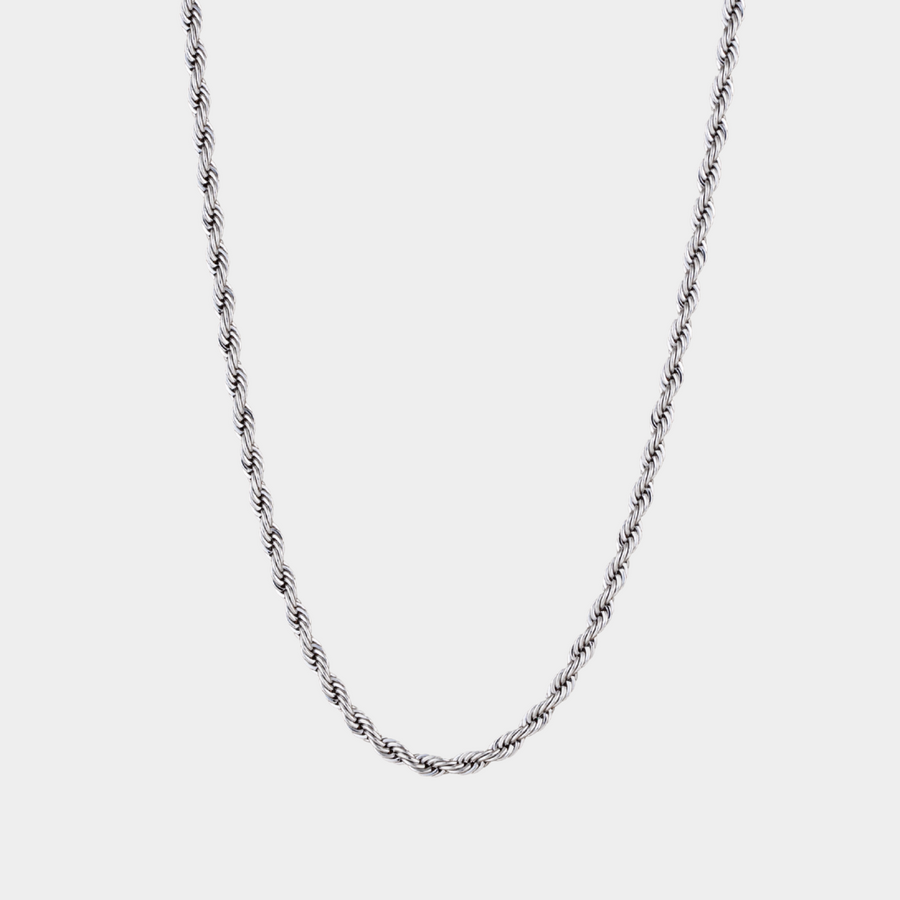 A silver rope chain necklace with a clasp, displayed against a white background.
