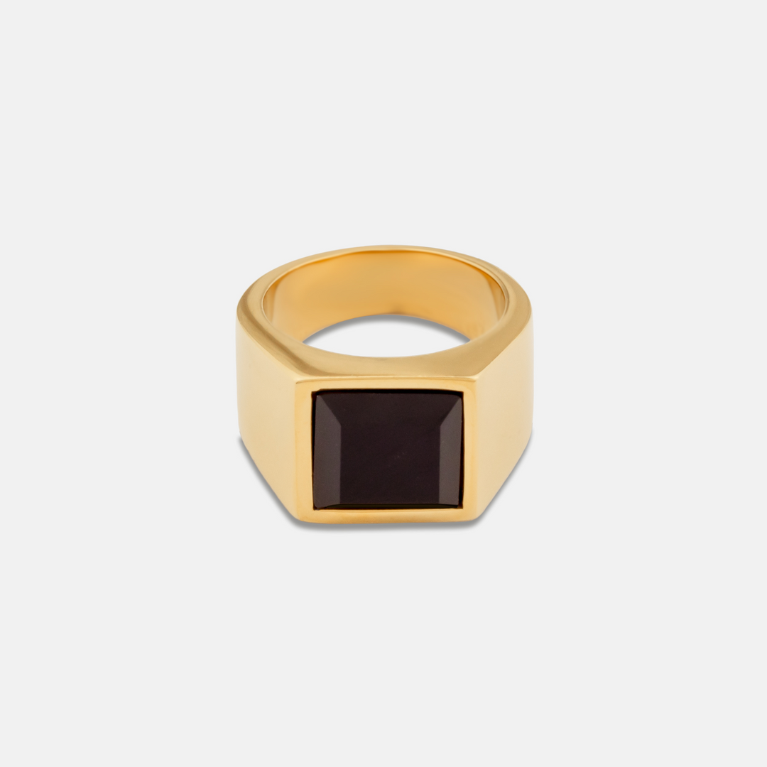 Gold Brazilian Stone Signet Ring on a white background.