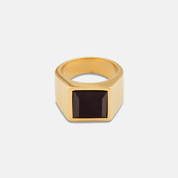 Gold Brazilian Stone Signet Ring on a white background.
