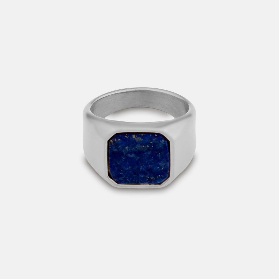 Silver Lapis Stone Signet Ring on a white background