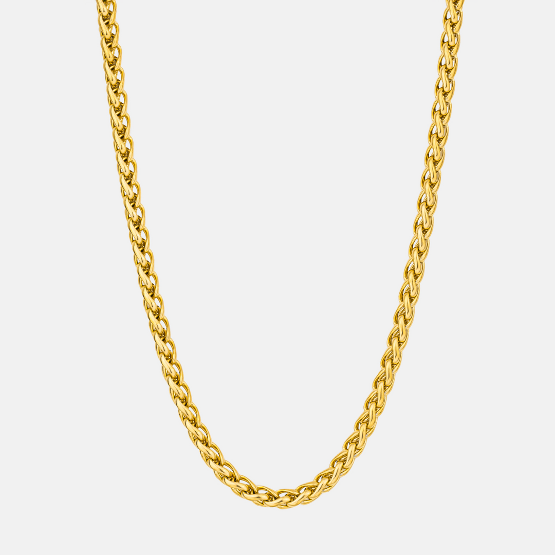 5mm Wheat Chain Necklace Gold on a white background