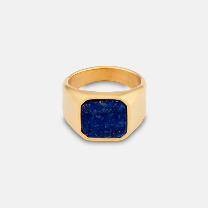 Gold Lapis Lazuli Stone Signet Ring on a white background