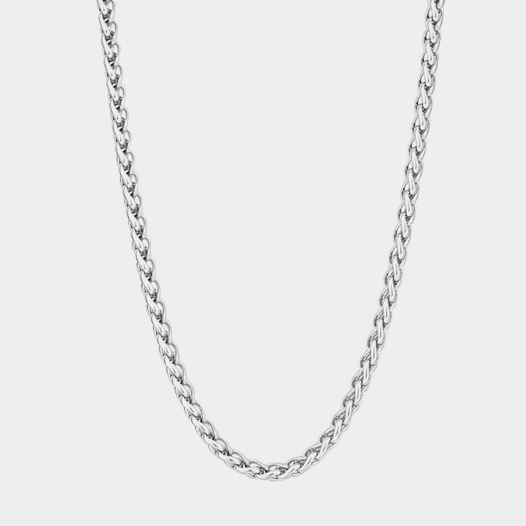 5mm Wheat Chain Necklace Silver on a white background