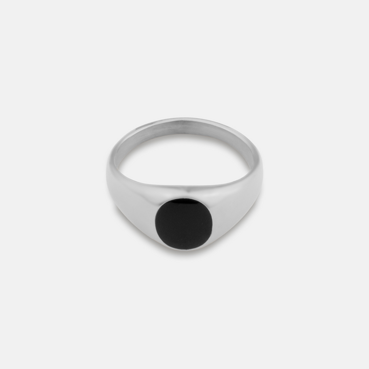Silver Onyx Stone Signet Ring on a white background