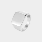 A silver square signet ring with a polished finish, displayed on a white background.