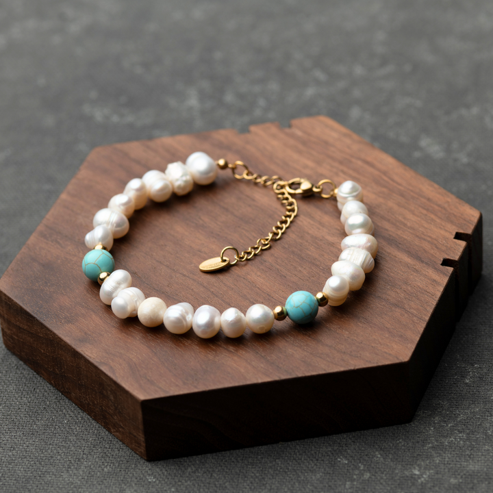 Turquoise Stone - Genuine Pearls Bracelet