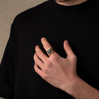 Hand wearing a gold ring with a black stone on a plain background
