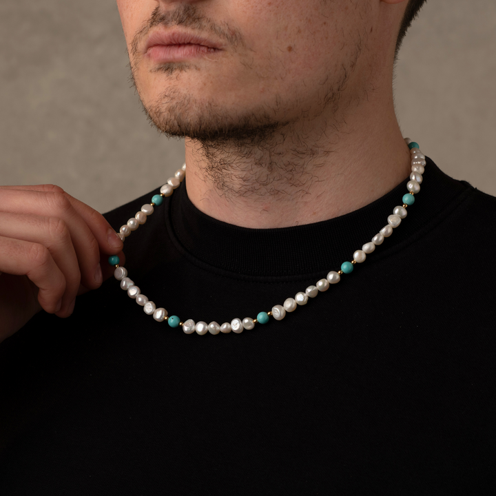 Man wearing a Turquoise Pearls Necklace