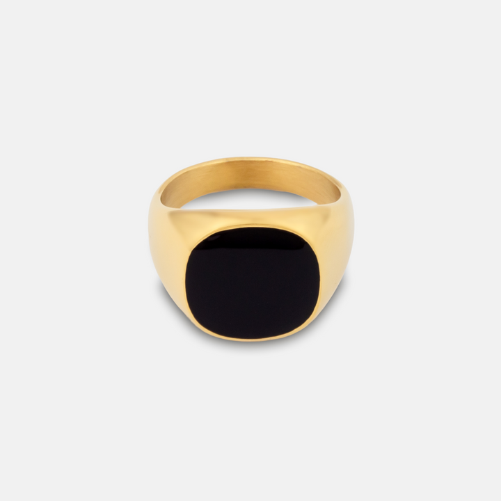 Gold Onyx Stone 20MM Signet Ring on a white background
