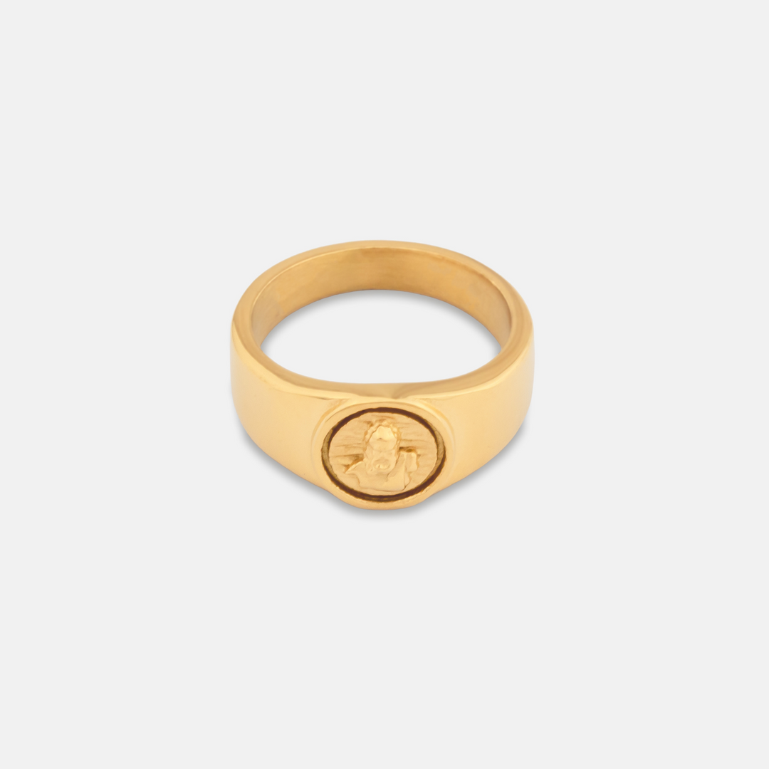 Gold Zeus God Signet Ring on a white background