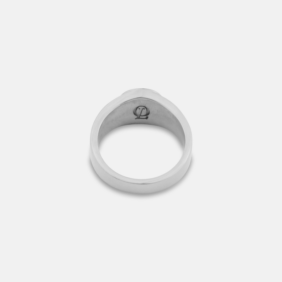 Silver ring with a logo on a white background