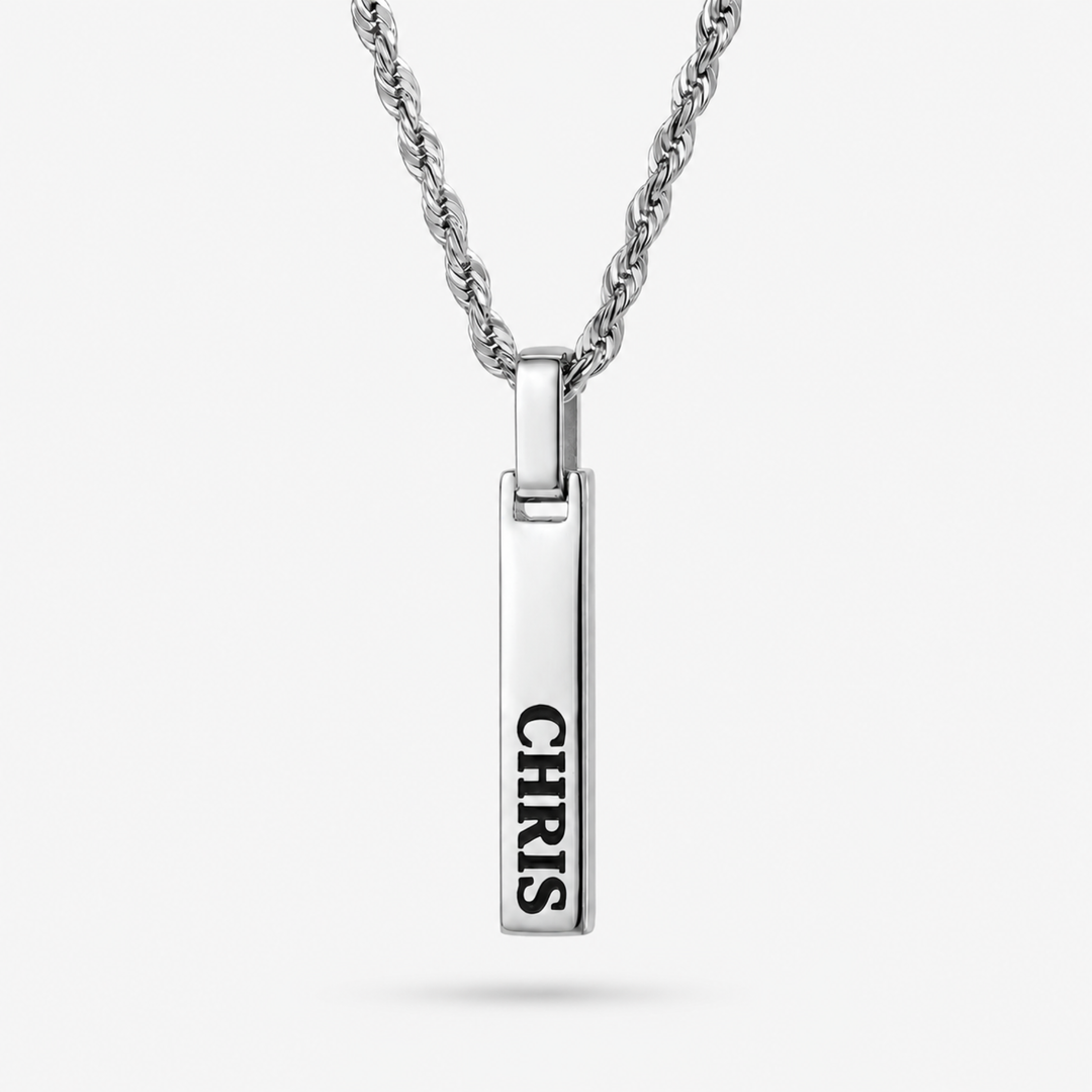 Silver 4-Sided Engraved Bar Necklace Pendant