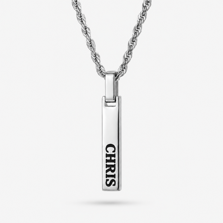 Silver 4-Sided Engraved Bar Necklace Pendant
