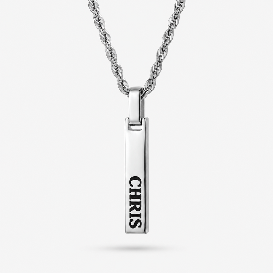 Silver 4-Sided Engraved Bar Necklace Pendant