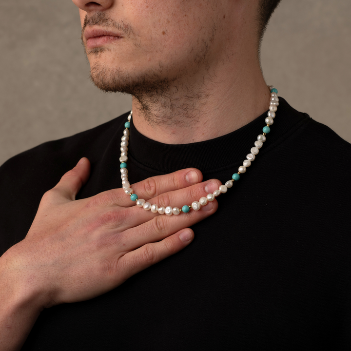 Man wearing a Turquoise Pearls Necklace