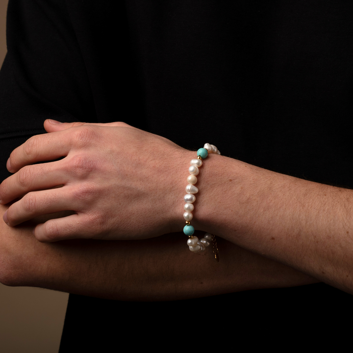 Turquoise Stone - Genuine Pearls Bracelet