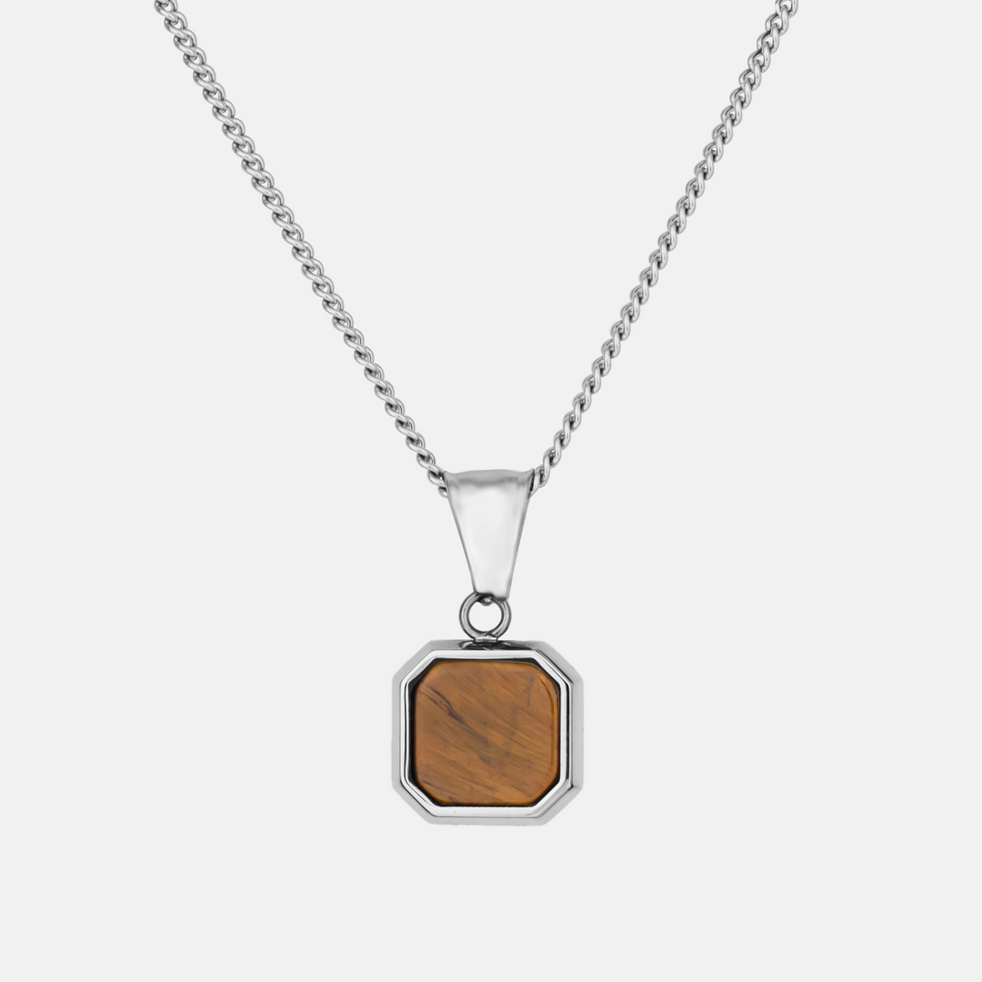Silver Tiger Eye Stone Necklace Pendant on a white background