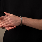Person wearing a silver chain bracelet on a black background