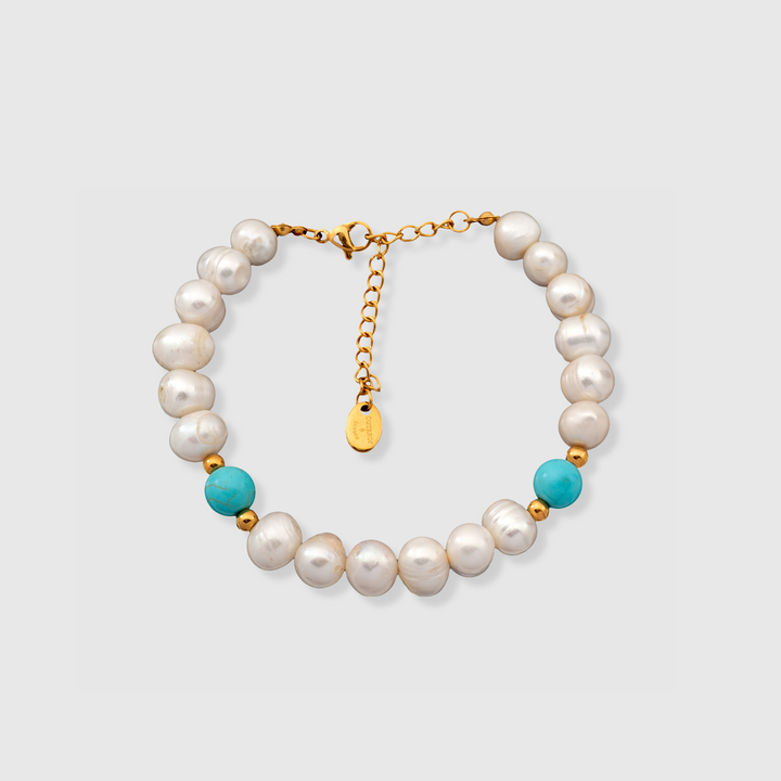 Turquoise Stone - Genuine Pearls Bracelet