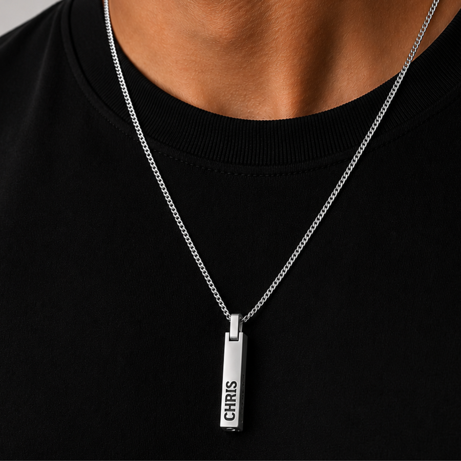 Silver 4-Sided Engraved Bar Necklace Pendant
