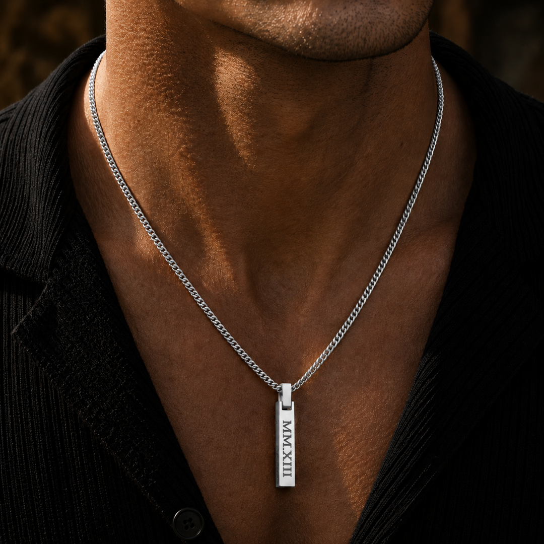 Silver 4-Sided Engraved Bar Necklace Pendant