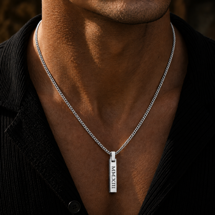 Silver 4-Sided Engraved Bar Necklace Pendant