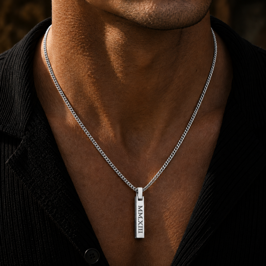 Silver 4-Sided Engraved Bar Necklace Pendant