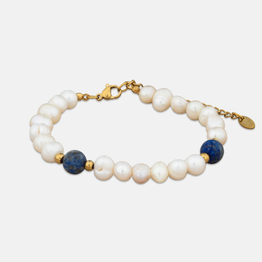 Lapis Lazuli Stone Pearls Bracelet on a white background